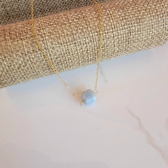 Blue Opal Necklace Minimalist Crystal Gemstone November Birthstone - Picture 3 of 6
